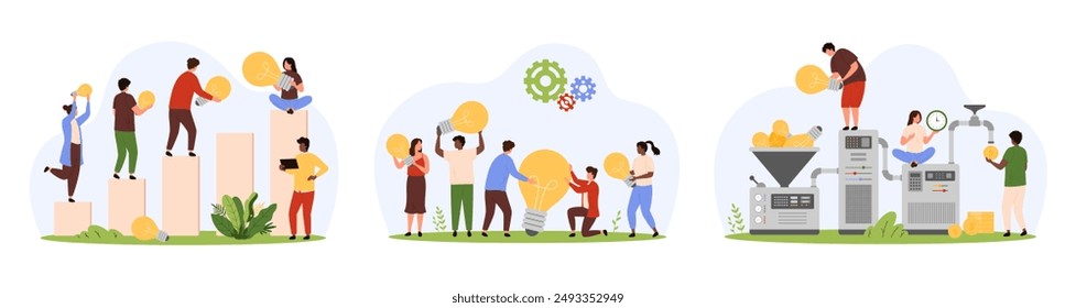 Creative solution development and team cooperation in startup set. Tiny people convert light bulbs into money with sales funnel, develop and share genius ideas together cartoon vector illustration