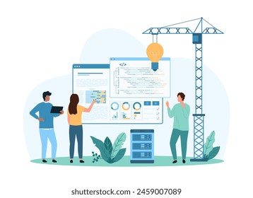 Creative solution or idea in coding. Tiny people develop software code, build program or mobile application with construction crane and light bulb, customize digital data cartoon vector illustration