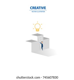 Creative solution presentation with light lamp and a business man. Creativity concept vector illustration.