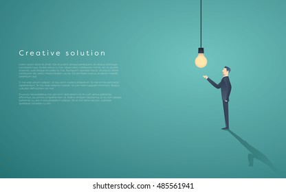 Creative solution presentation with lightbulb lamp and a business man. Creativity concept vector background, space for text. Eps10 vector illustration.