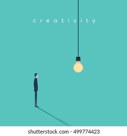 Creative solution presentation with lightbulb lamp and a business man. Creativity concept vector background, space for text. Eps10 vector illustration.
