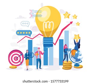 Creative solution, profitable investment, business illustration. Vector illustration for web banner, infographics, mobile. Small people characters develop creative business idea.