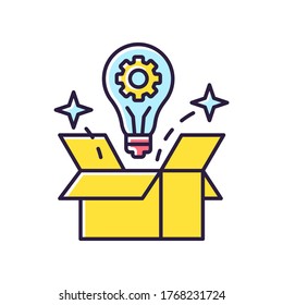 Icono de color RGB de solución creativa. Generación de ideas. Pensamiento innovador inteligente. Solución para el proyecto. Estrategia exitosa. Resolver el problema lógico. Bombilla en la caja. Ilustración vectorial aislada