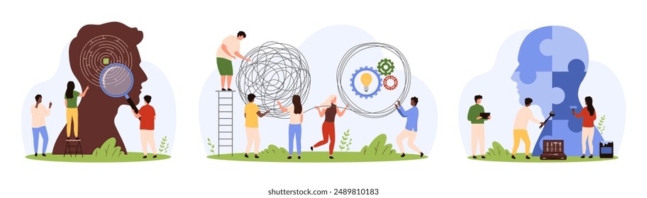 Creative solution search, psychology set. Tiny people brainstorm and think, unravel chaos and mess of wire, research maze with magnifying glass in head and brain puzzles cartoon vector illustration