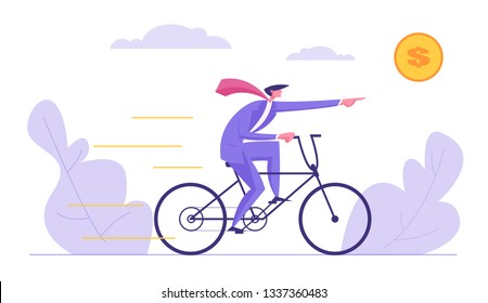 Creative Solutions Business Concept. Businessman Character Driving Bike Point on Dollar Sign. Symbol of Running a Company, Managing, Leadership, Innovation, Success, Finance. Vector illustration