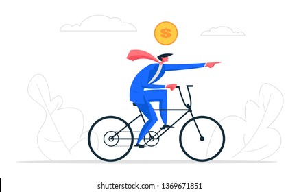 Creative Solutions Business Concept. Businessman Character Driving Bike. Symbol of Running a Company, Managing, Leadership, Innovation, Success, Ambition, Finance. Vector flat cartoon illustration