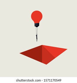 Creative solutions in business vector concept with businessman flying with lightbulb over hole. Symbol of leadership. Visionary and opportunity sign. Eps10 illustration.