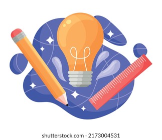 Creative solutions concept. Pencil and pen next to large light bulb. Metaphor of brainstorming and creative personality. Inspiration and idea, fantasy and imagination. Cartoon flat vector illustration