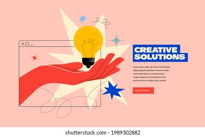 Creative solutions or ideas web banner design or landing page template for creative agency with hand comes out of the screen with light bulb and colorful abstract geometric shapes. Vector illustration - Shutterstock ID 1989302882