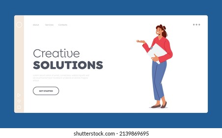 Creative Solutions Landing Page Template. Female Character Business Presentation or Report. Beautiful Business Woman with Clipboard in Hand Pointing Gesture. Cartoon People Vector Illustration