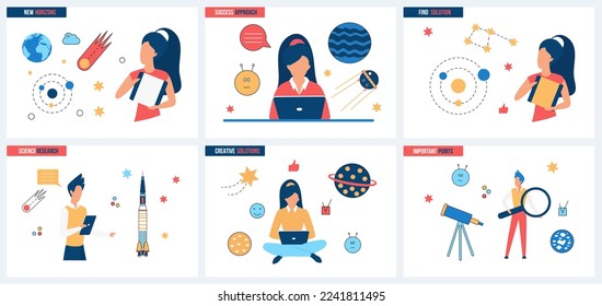 Creative solutions and research in science set vector illustration. Cartoon tiny people find new solutions and approaches in astronomy, launch rocket to explore space, galaxy and planets system