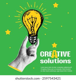 Creative solutions. Trendy halftone collage banner with hand shows lightbulb. Concept of creative idea or brainstorm. Contemporary vector illustration	