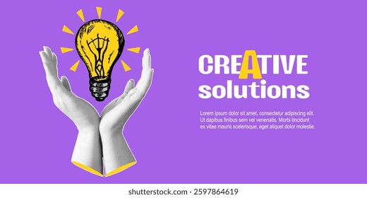 Creative solutions. Trendy halftone collage banner with hands shows lightbulb. Concept of creative idea or brainstorm. Contemporary vector illustration