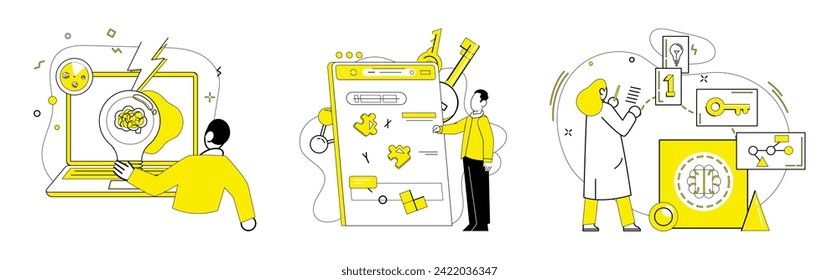 Creative solutions vector illustration. Contemplation and brainstorming are dynamic duo behind inventive breakthroughs Professional success demands fusion business strategy and creative thinking