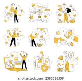 Ilustración vectorial de soluciones creativas. La metáfora de las soluciones creativas ilustra la inteligencia sinfónica en el trabajo El empleo y la lluvia de ideas son dos dinámicas detrás de los avances inventivos