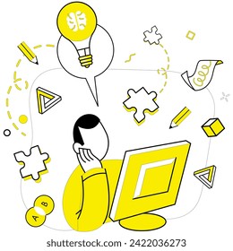 Creative solutions vector illustration. The creative solutions metaphor paints portrait business success and innovation Contemplation ignites spark brainstorming, giving birth to inventive ideas