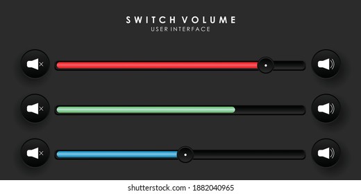 Creative Sound or Volume Slider Bar User Interface in Neumorphism with 3 design. Simple, modern and minimalist. Smooth and soft 3D user interface. Dark mode. For website or apps. Vector Illustration.