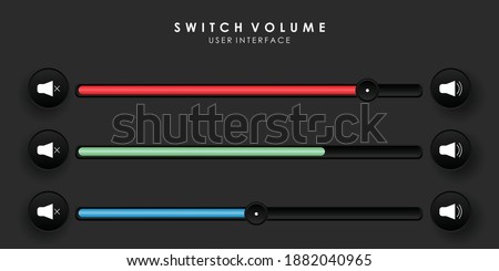Creative Sound or Volume Slider Bar User Interface in Neumorphism with 3 design. Simple, modern and minimalist. Smooth and soft 3D user interface. Dark mode. For website or apps. Vector Illustration.