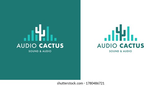 Plantilla de logotipo de dj de ondas de sonido creativas. Diseño de la marca cactus de la moderna compañía de audio conceptual. Ilustración vectorial.