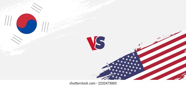 Creative South Korea vs United States of America brush flag illustration. Artistic brush style two country flags relationship background