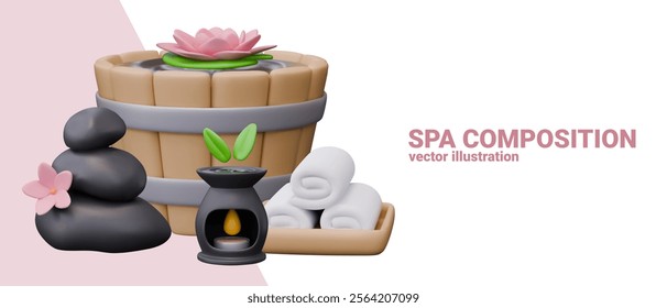 Creative spa composition in 3D cartoon style. Care of health, body