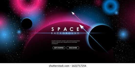 Creative space background with abstract circle shapes and planets. Colorful space poster with text template. Vector infinite Galaxy background.