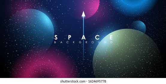 Creative space background with abstract shape and planets. Colorful space poster with text template. Vector infinite Galaxy background.