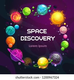 Creative space  background with cartoon colorful fantasy planets. Astronomy concept background. Vector illustration. Cosmic frame.