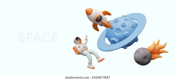 Creative space concept. Astronaut floats in zero gravity near planet