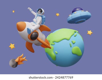 Creative space concept. Astronaut, space rocket, flying saucer, planet, comet, stars