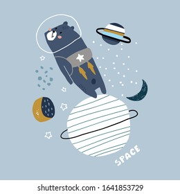 Creative space concept with cute bear in reactive backpack. Childish illustration. Perfectly look on t-shirt, poster, nursery decoration, apparel design. Kids Vector Illustration