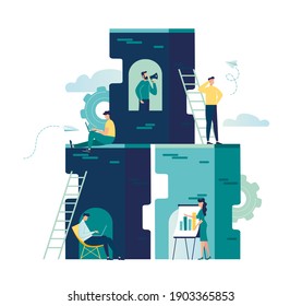 Creative space, freelancer, cooperation and partnership, promotion, pyramid of success, company office workers, vector illustration