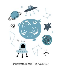 Creative space illustration. Childish print with moon, planet, stars and ufo ship. Perfectly look on t-shirt, poster, nursery decoration, apparel design. Kids Vector Illustration