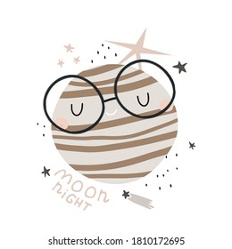 Creative space illustration. Childish print with cute planet in glasses, stars. Perfectly look on t-shirt, poster, nursery decoration, apparel design. Kids Vector Illustration