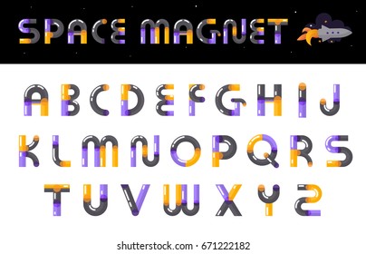 Creative space magnet theme alphabet font design clearly visible calling attention multicolored glossy letters set vector illustration 