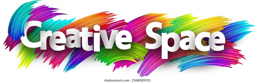 Creative space paper word sign with colorful spectrum paint brush strokes over white. Vector illustration.