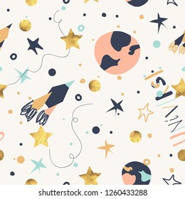 Creative space pattern for kids. Seamless childish pattern with night starry sky. Fashionable template for design.