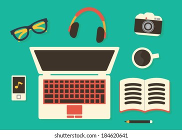 creative space, top view of workplace with devices, flat design vector