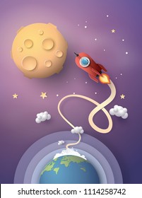 Creative space travel concept showing a rocket leaving Earth and heading to moon in dreamy paper art style.