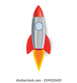 Creative spaceship rocket flying with flames isolated on white background. Can be used for startup, education, business and technology concept designs. 