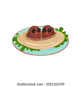 Creative spaghetti garnished with cutlets in the shape of birds vector Illustration on a white background