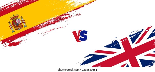 Creative Spain vs United Kingdom brush flag illustration. Artistic brush style two country flags relationship background