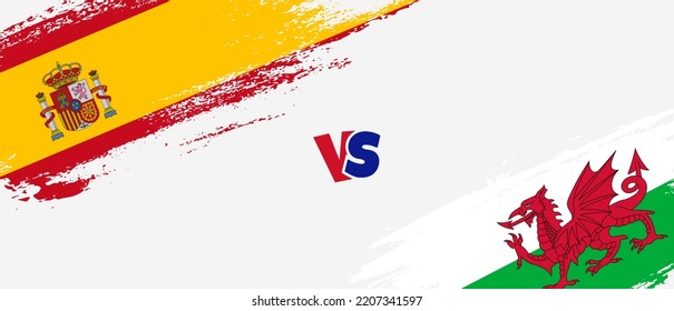 Creative Spain vs Wales brush flag illustration. Artistic brush style two country flags relationship background