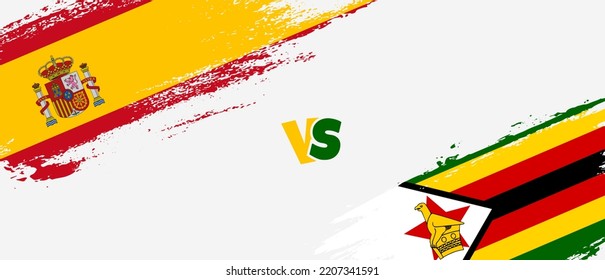 Kreatives Spanien gegen Simbabwe - Malerei auf die Flagge. Zwei Länderflaggen im Stile eines künstlerischen Pinsels, Hintergrund