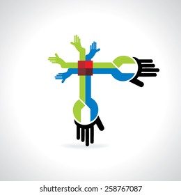 creative spanner connecting with hands