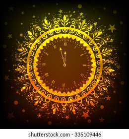 Creative sparkling golden clock showing almost Twelve 'O' Clock for Happy New Year celebration.