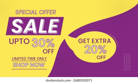Creative special sale background featuring bold text discount banner in yellow and purple style perfect for shopping promotions advertising retail and marketing projects