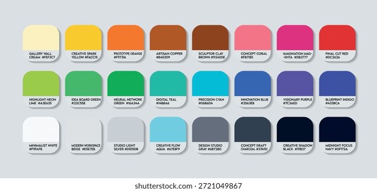Paleta de cores para profissionais criativos e especializados. Profissional Creative Field cor HEX códigos e cores Nomes. Cores de papel técnico e criativo para design de camada diferente. Profissões de inovação