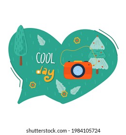 Creative speech bubble Cool day. Doodle colorful summer sticker with cute icons. Stylized quote and slogan. Perfect for the design of mugs, gifts, textiles, cards, banners, posters, web and more