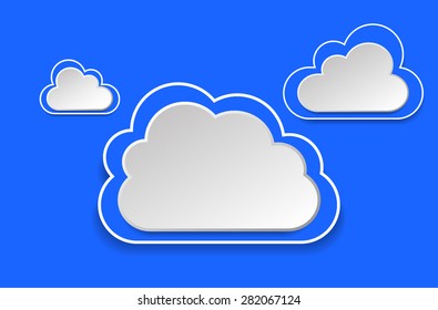 Creative speech bubble made of paper clouds on light blue sky background. Background vector illustration and blank space for text. Cloud symbol or logo, presentation, infographic